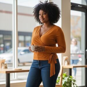 Ivoire Mustard Faux Wrap V-Neck Blouse Women’s Size Medium – Fall Fashion Top